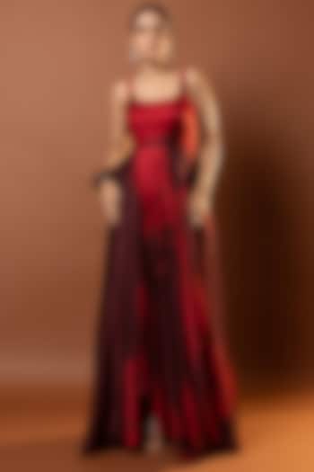 Maroon Satin Abstract Printed Drape Maxi Vacation Dress by Vedika M at Pernia's Pop Up Shop