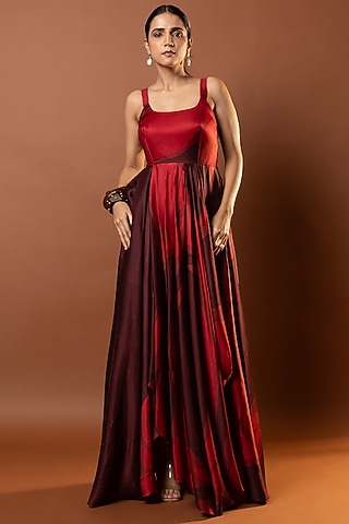 Maroon Satin Abstract Printed Drape Maxi Dress by Vedika M
