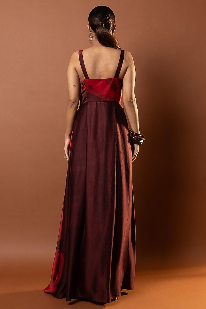 Maroon Satin Abstract Printed Drape Maxi Vacation Dress by Vedika M at Pernia's Pop Up Shop