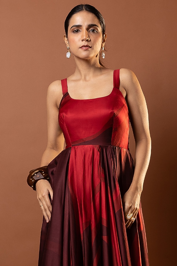 Maroon Satin Abstract Printed Drape Maxi Vacation Dress by Vedika M at Pernia's Pop Up Shop