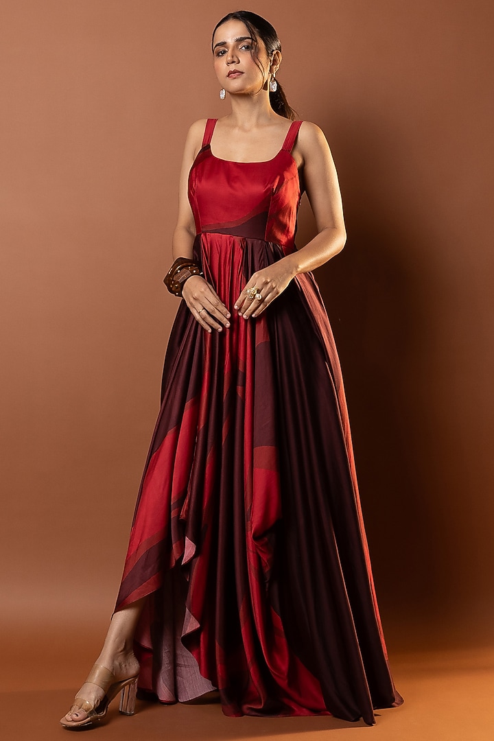 Maroon Satin Abstract Printed Drape Maxi Vacation Dress by Vedika M at Pernia's Pop Up Shop