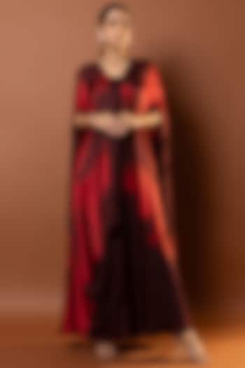 Maroon Satin Abstract Printed Drape Kaftan by Vedika M at Pernia's Pop Up Shop