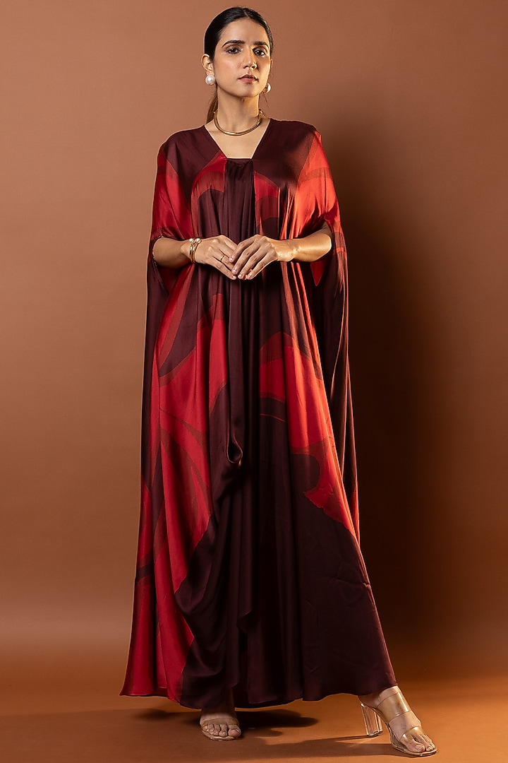 Maroon Satin Abstract Printed Drape Kaftan by Vedika M at Pernia's Pop Up Shop