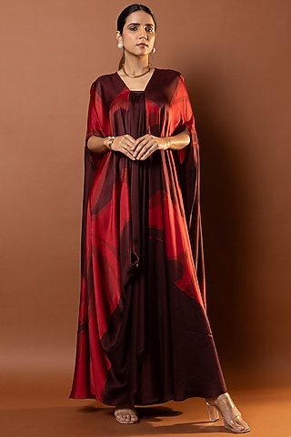 Maroon Satin Abstract Printed Drape Kaftan by Vedika M