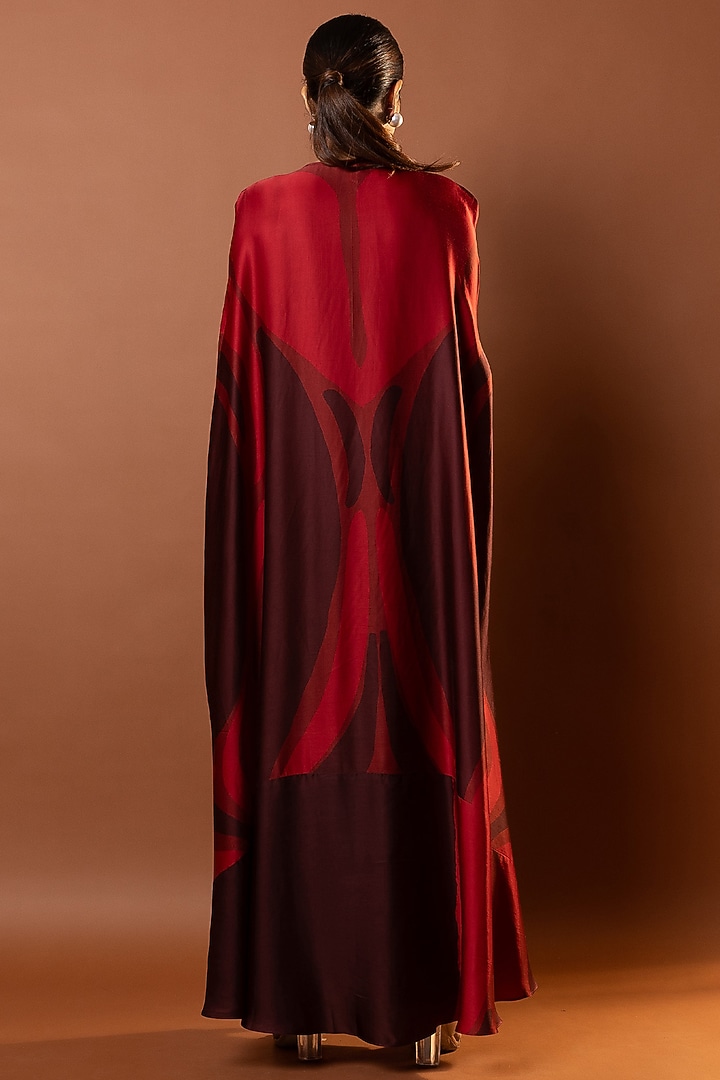 Maroon Satin Abstract Printed Drape Kaftan by Vedika M at Pernia's Pop Up Shop