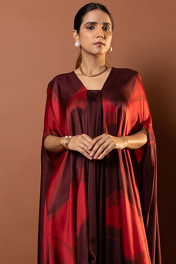 Maroon Satin Abstract Printed Drape Kaftan by Vedika M at Pernia's Pop Up Shop