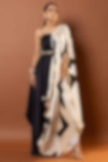 Black & Beige Satin Geometric Printed Drape Vacation Dress by Vedika M at Pernia's Pop Up Shop