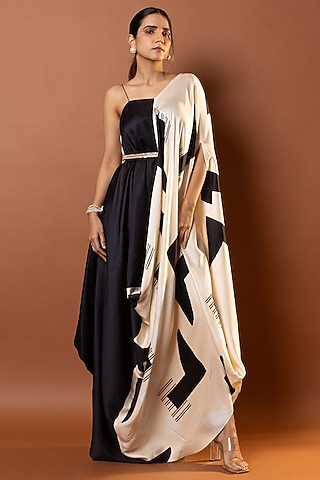 Black & Beige Satin Geometric Printed Drape Dress by Vedika M