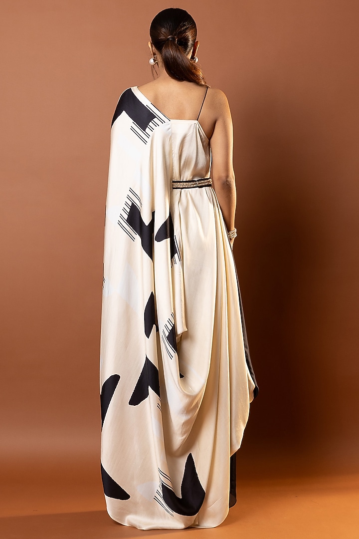 Black & Beige Satin Geometric Printed Drape Vacation Dress by Vedika M at Pernia's Pop Up Shop