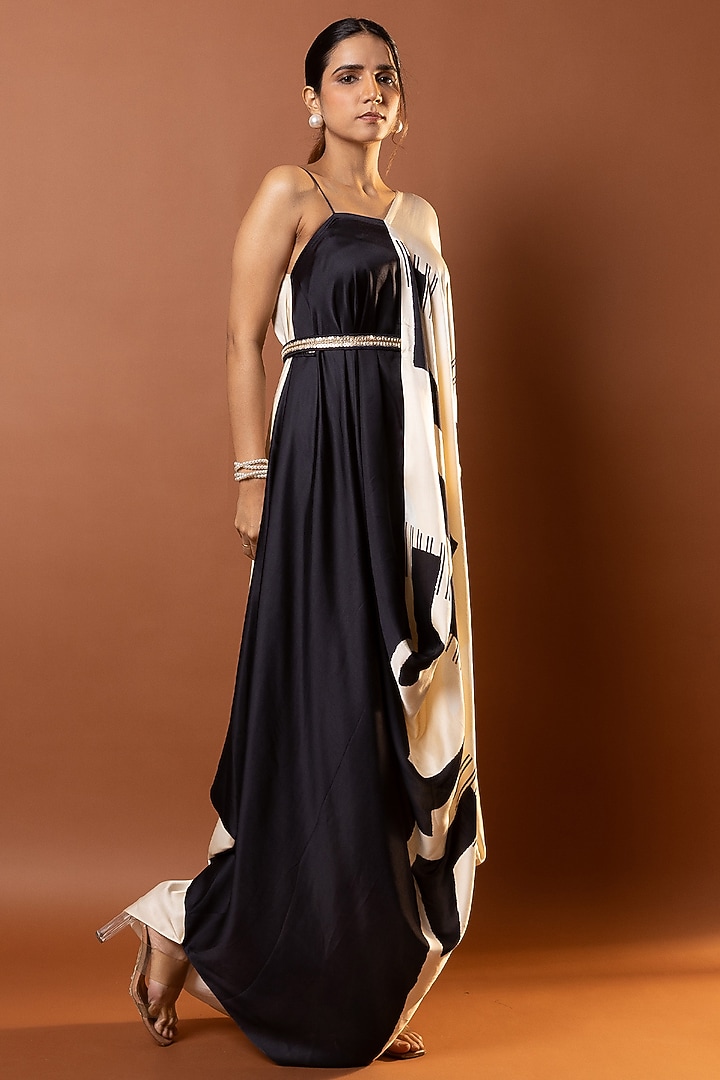 Black & Beige Satin Geometric Printed Drape Vacation Dress by Vedika M at Pernia's Pop Up Shop