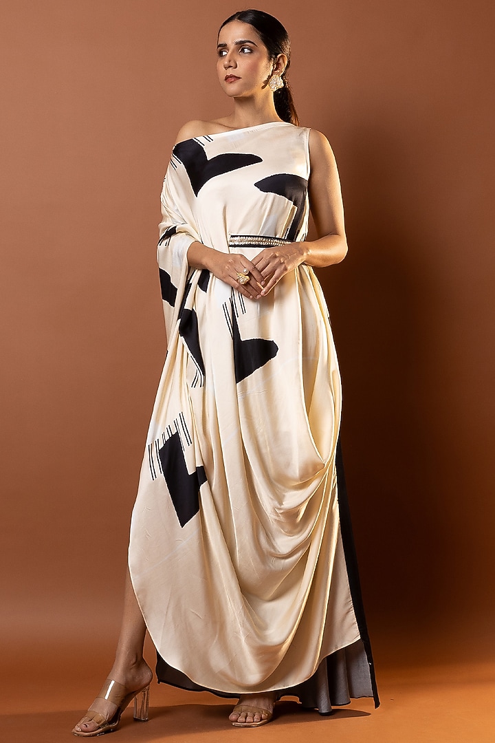 Black & Beige Satin Geometric Printed Drape Vacation Dress by Vedika M at Pernia's Pop Up Shop