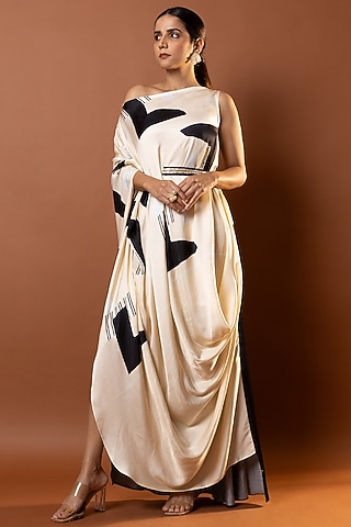 Black & Beige Satin Geometric Printed Drape Dress by Vedika M
