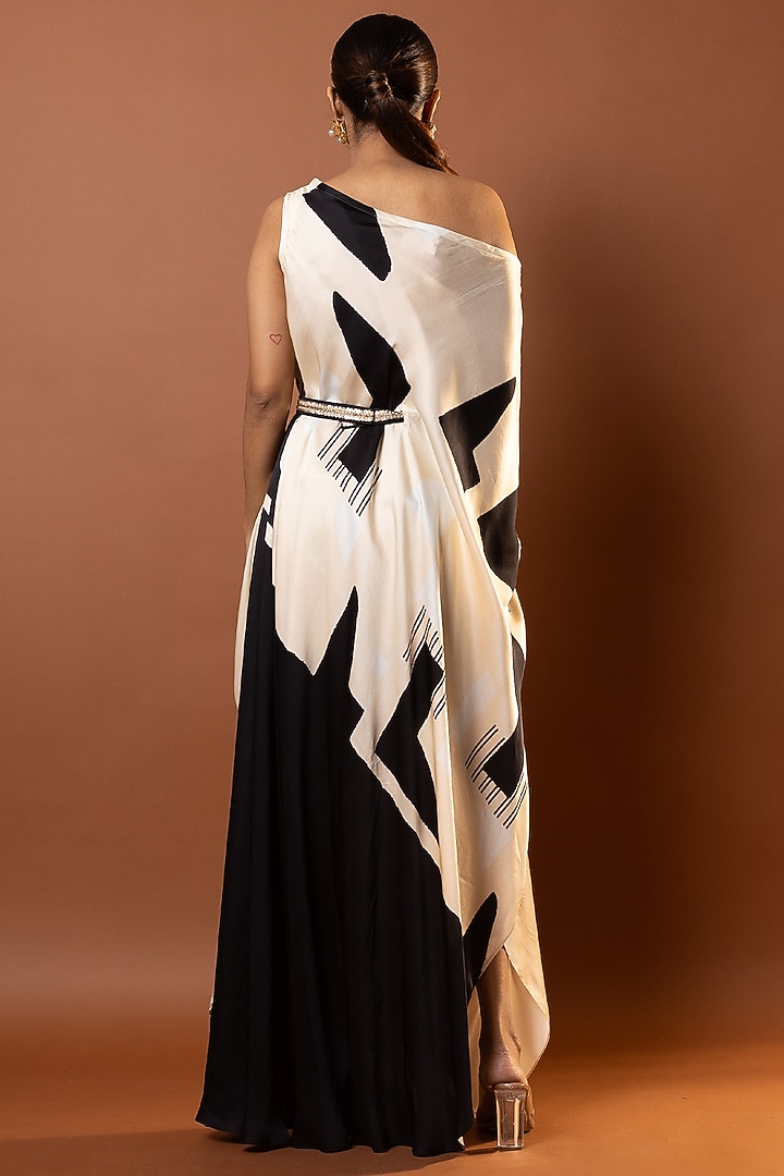 Black & Beige Satin Geometric Printed Drape Vacation Dress by Vedika M at Pernia's Pop Up Shop
