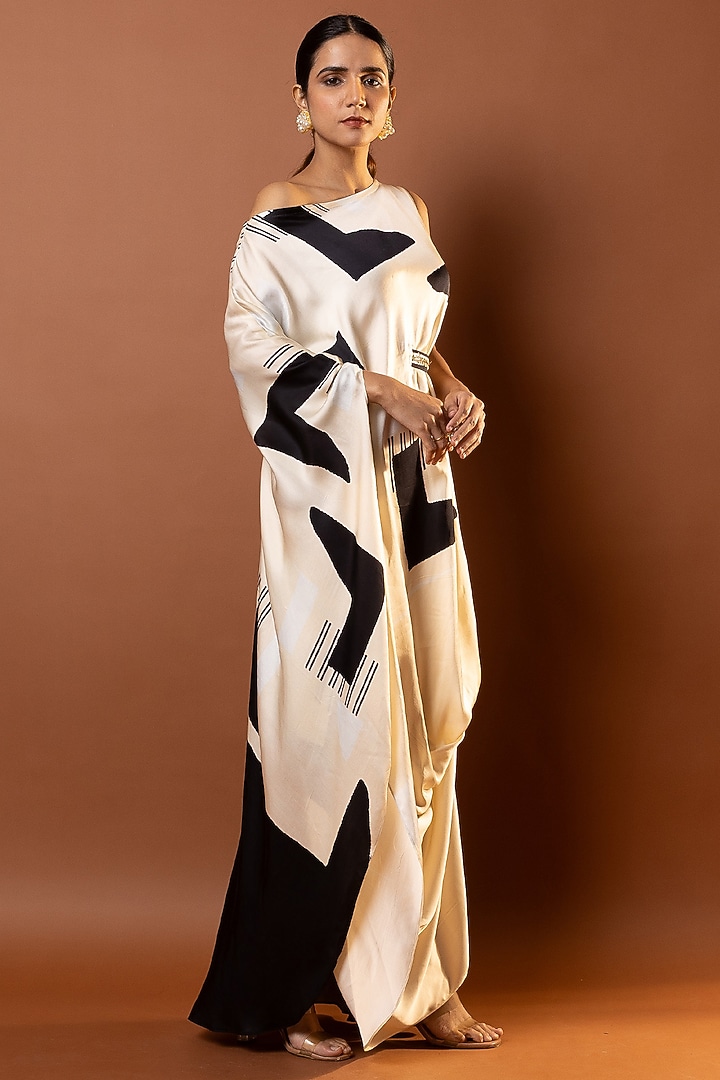 Black & Beige Satin Geometric Printed Drape Vacation Dress by Vedika M at Pernia's Pop Up Shop