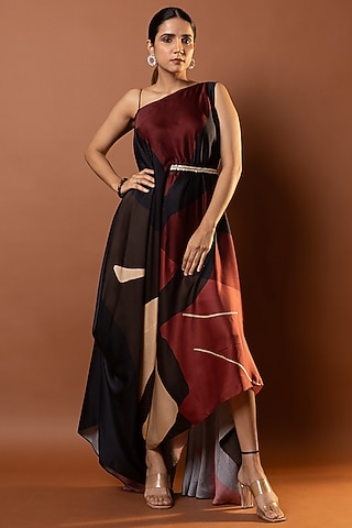 Black & Red Satin Abstract Printed Drape Dress by Vedika M