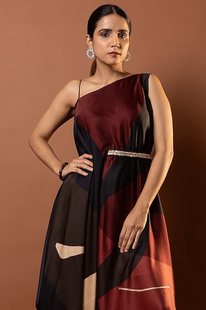 Black & Red Satin Abstract Printed Drape Vacation Dress by Vedika M at Pernia's Pop Up Shop