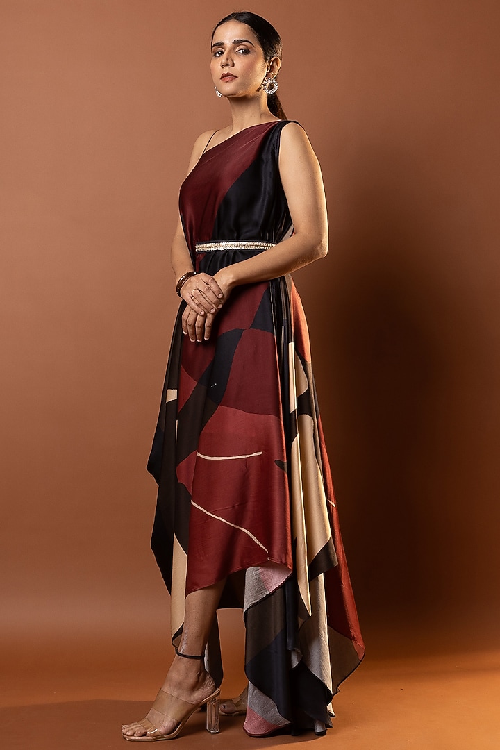 Black & Red Satin Abstract Printed Drape Vacation Dress by Vedika M at Pernia's Pop Up Shop