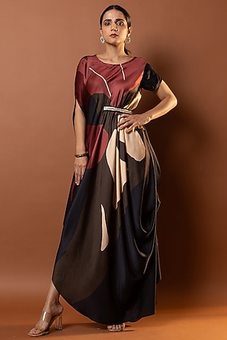 Black & Red Satin Abstract Printed Drape Dress by Vedika M