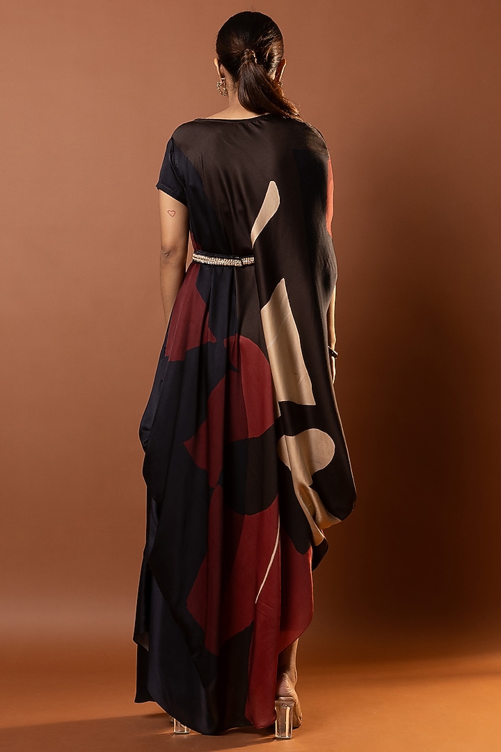 Black & Red Satin Abstract Printed Drape Vacation Dress by Vedika M at Pernia's Pop Up Shop