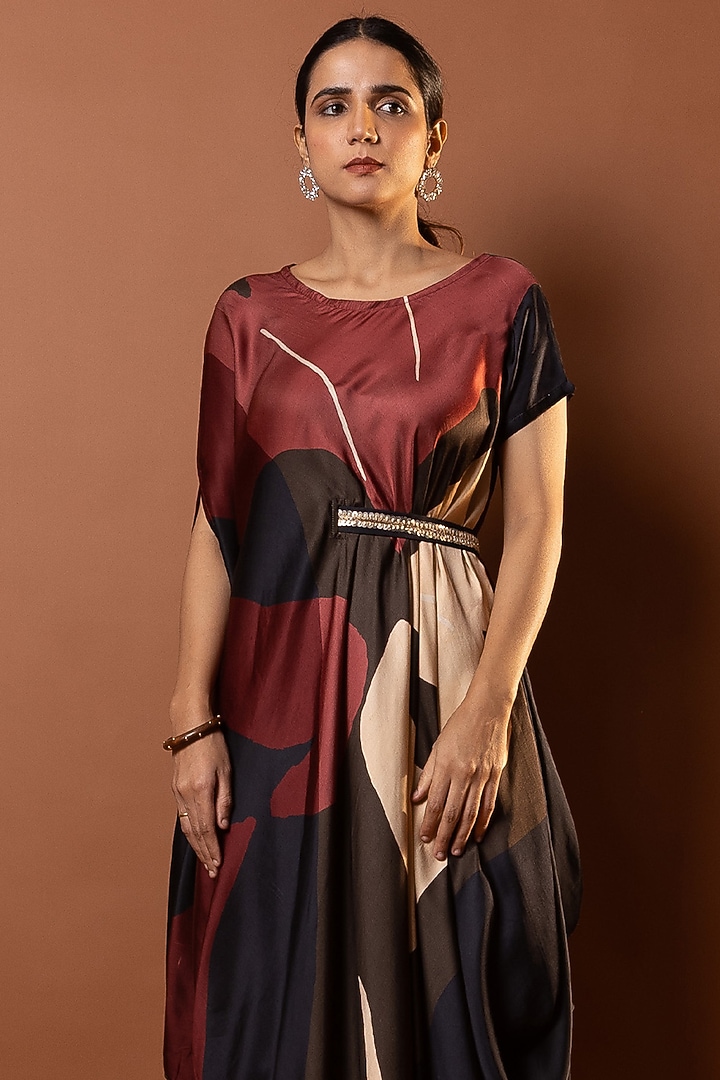 Black & Red Satin Abstract Printed Drape Vacation Dress by Vedika M at Pernia's Pop Up Shop