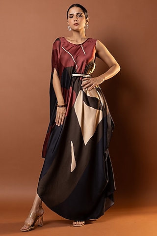 Black & Red Satin Abstract Printed Drape Dress by Vedika M
