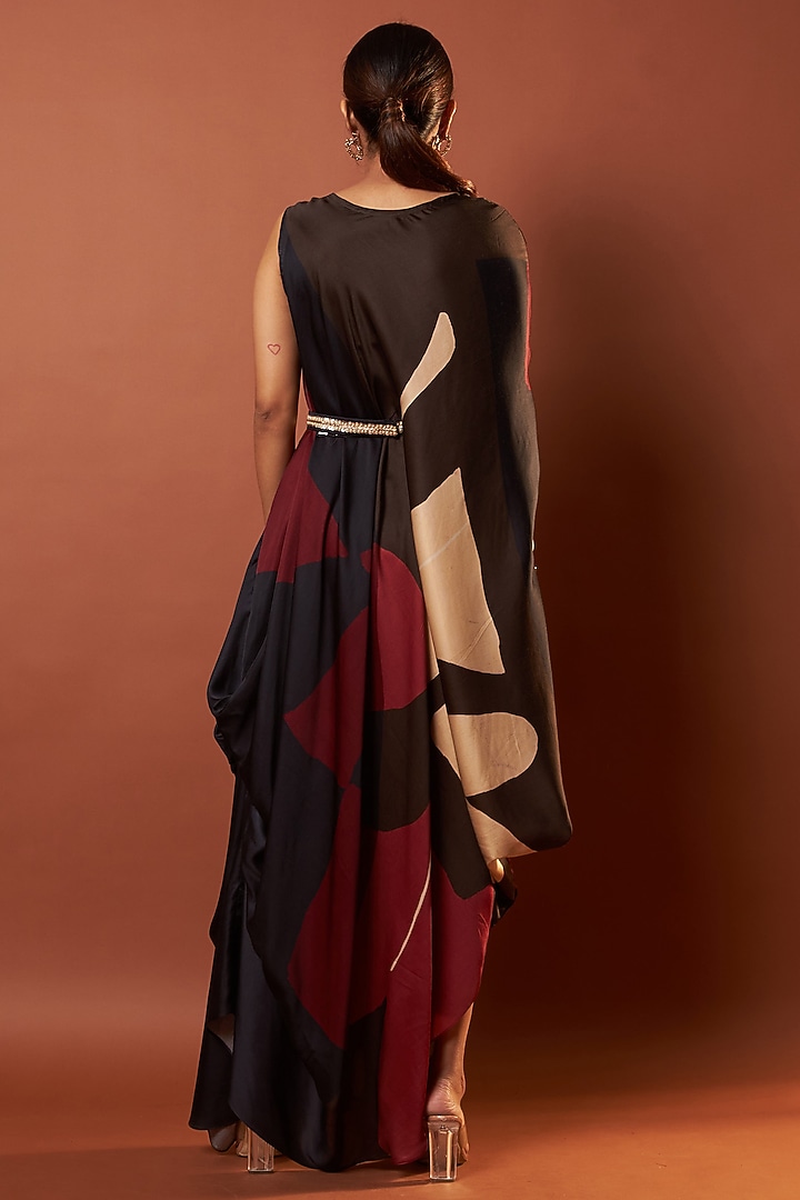 Black & Red Satin Abstract Printed Drape Vacation Dress by Vedika M at Pernia's Pop Up Shop