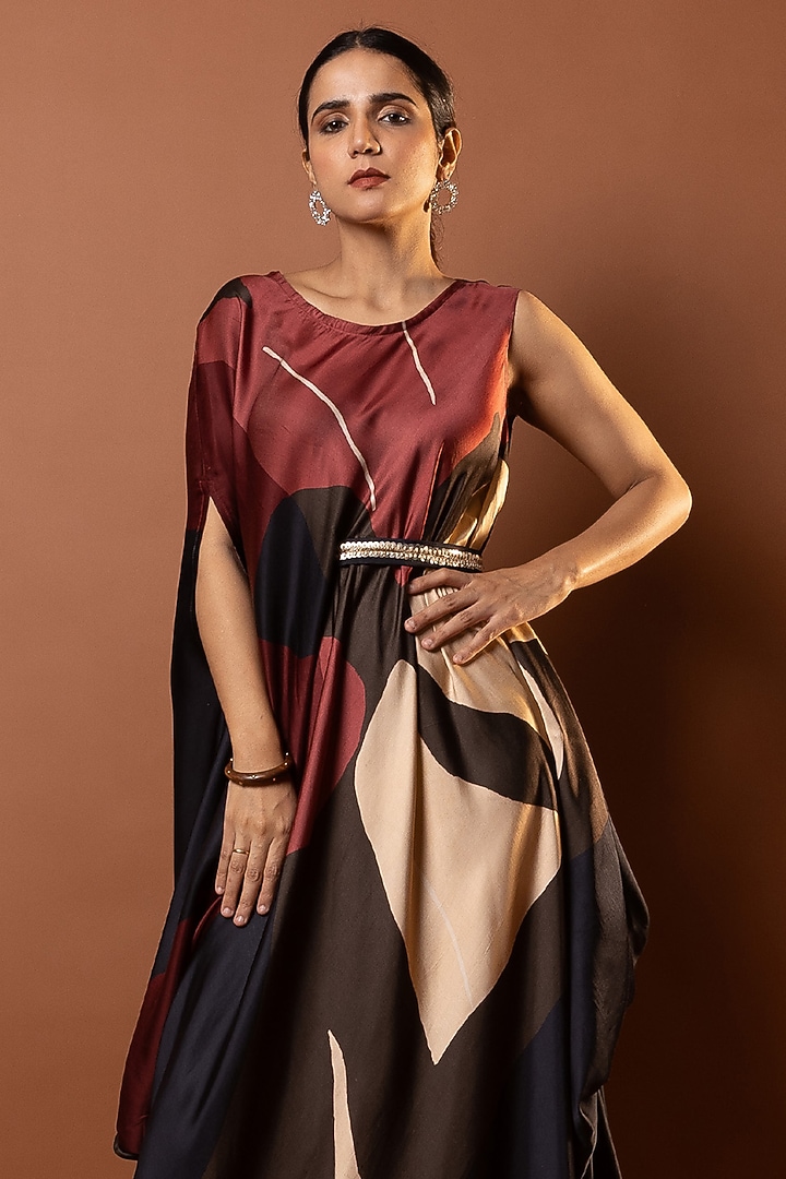 Black & Red Satin Abstract Printed Drape Vacation Dress by Vedika M at Pernia's Pop Up Shop