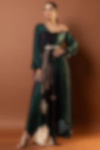 Black & Green Satin Abstract Printed Drape Vacation Dress by Vedika M at Pernia's Pop Up Shop