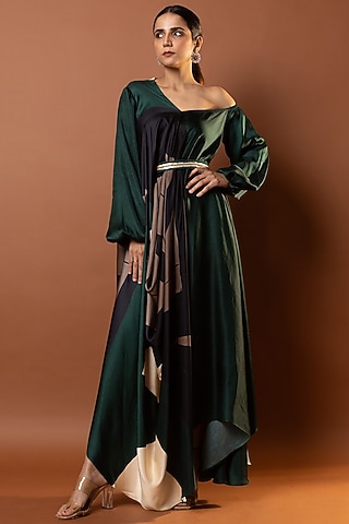 Black & Green Satin Abstract Printed Drape Dress by Vedika M