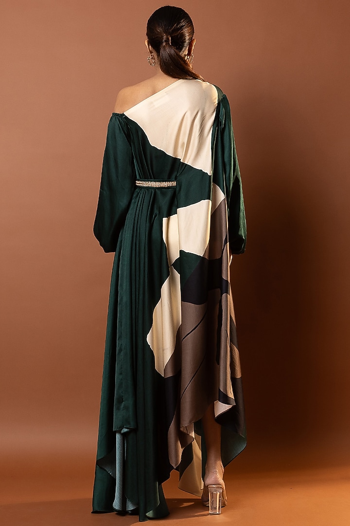Black & Green Satin Abstract Printed Drape Vacation Dress by Vedika M at Pernia's Pop Up Shop
