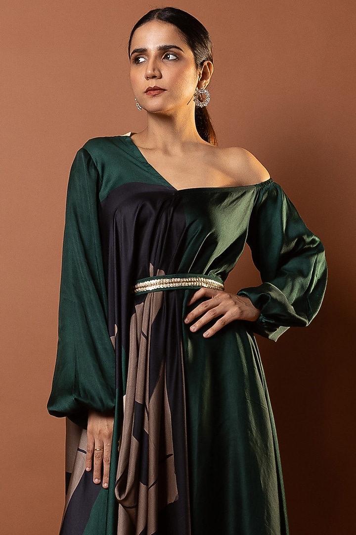 Black & Green Satin Abstract Printed Drape Vacation Dress by Vedika M at Pernia's Pop Up Shop