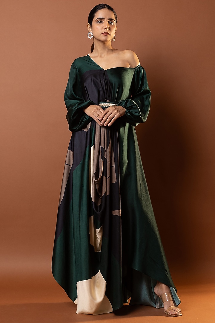 Black & Green Satin Abstract Printed Drape Vacation Dress by Vedika M at Pernia's Pop Up Shop