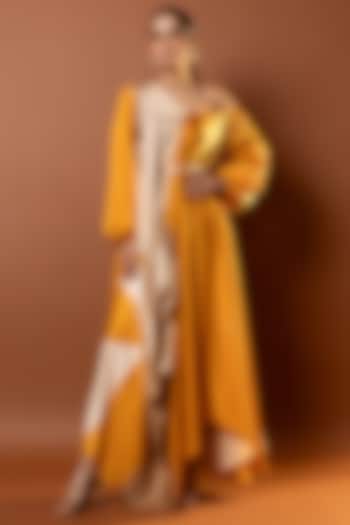 Yellow Satin Abstract Printed Drape Vacation Dress by Vedika M at Pernia's Pop Up Shop
