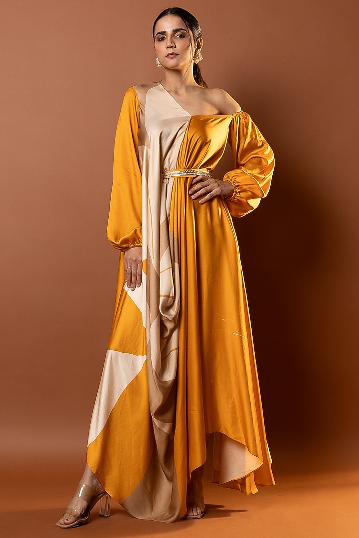 Yellow Satin Abstract Printed Drape Vacation Dress by Vedika M at Pernia's Pop Up Shop