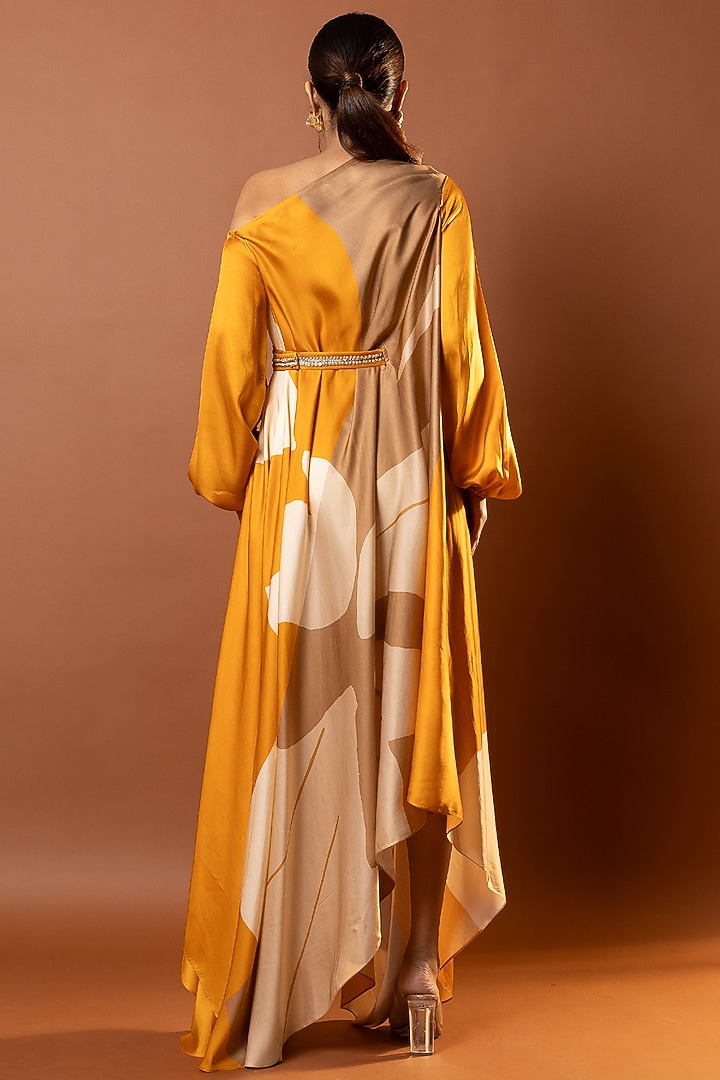 Yellow Satin Abstract Printed Drape Vacation Dress by Vedika M at Pernia's Pop Up Shop