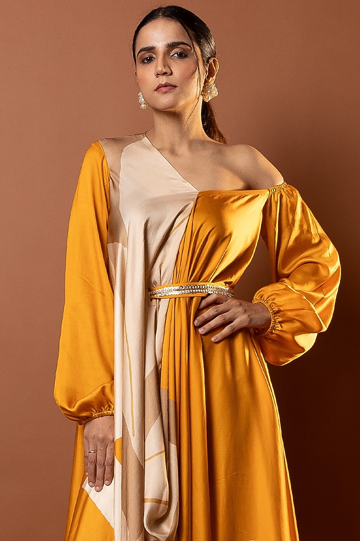 Yellow Satin Abstract Printed Drape Vacation Dress by Vedika M at Pernia's Pop Up Shop