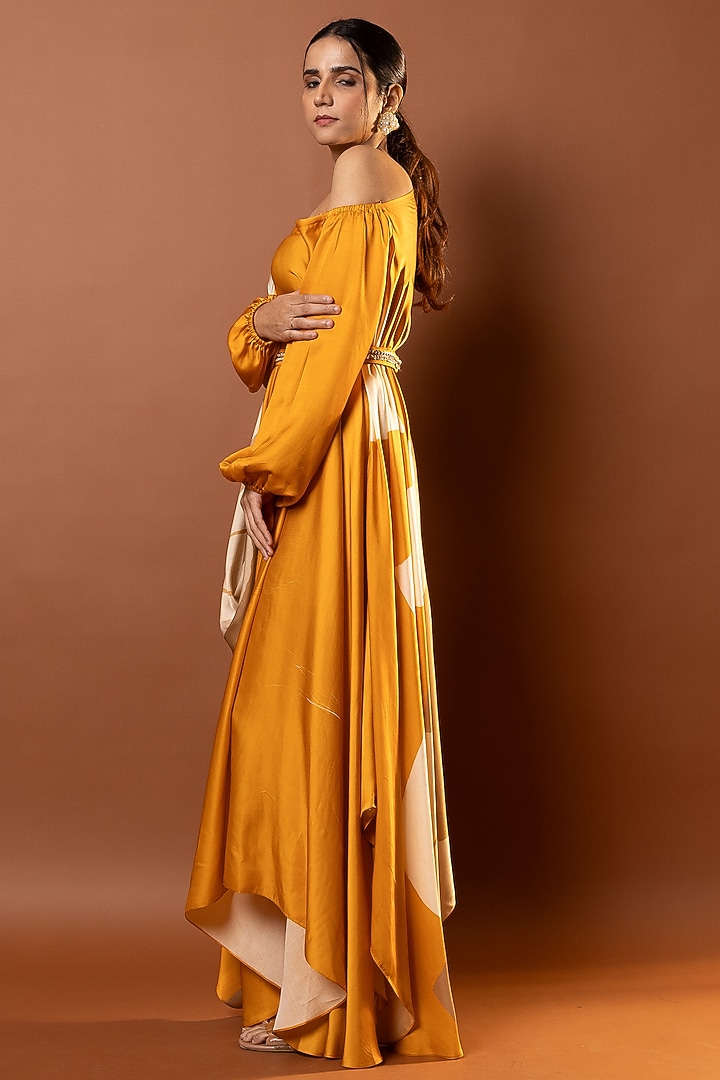 Yellow Satin Abstract Printed Drape Vacation Dress by Vedika M at Pernia's Pop Up Shop