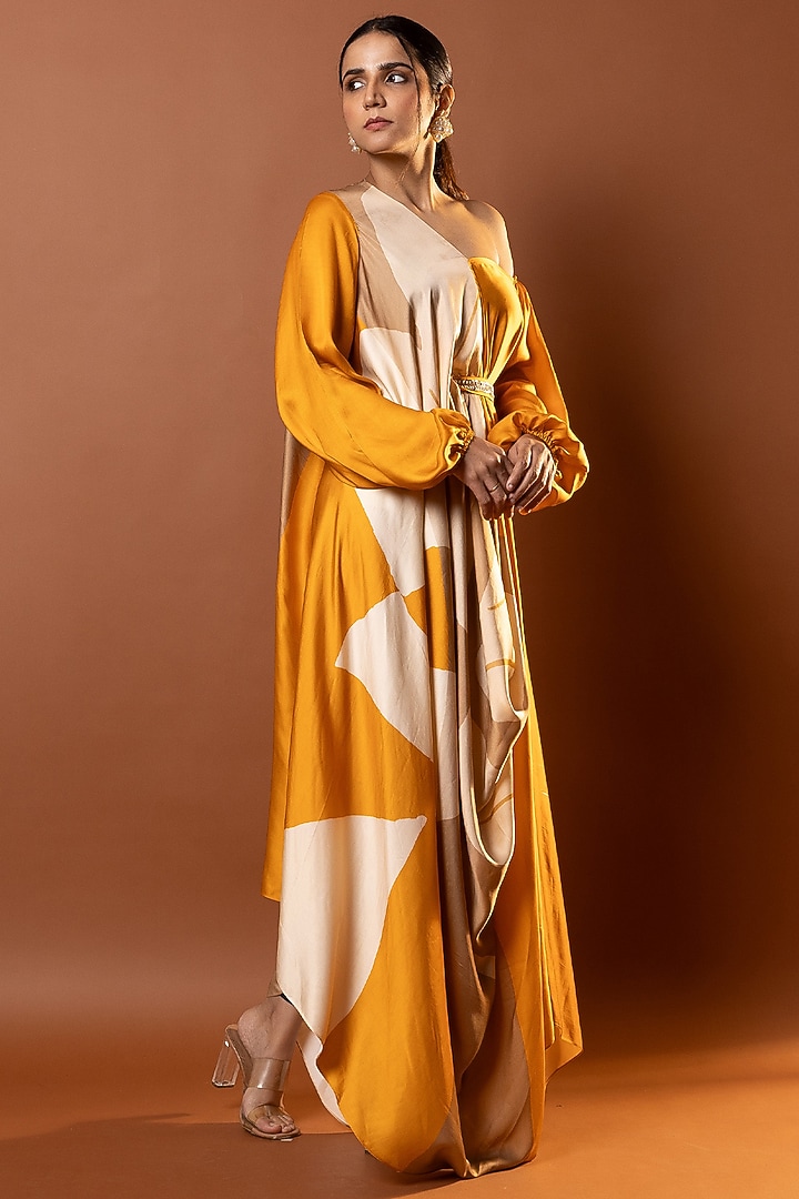 Yellow Satin Abstract Printed Drape Vacation Dress by Vedika M at Pernia's Pop Up Shop