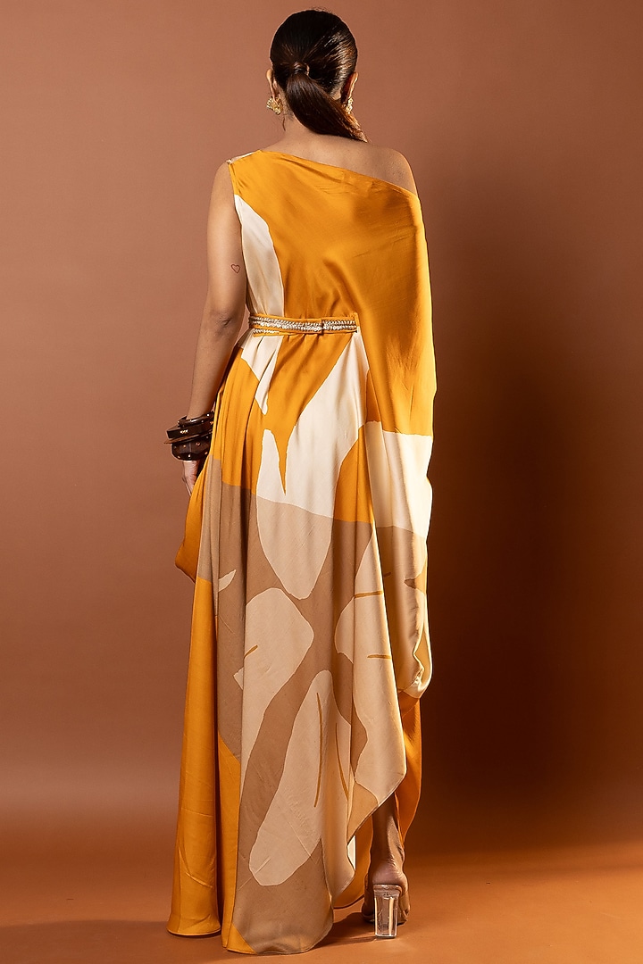 Yellow Satin Geometric Printed Drape Vacation Dress by Vedika M at Pernia's Pop Up Shop