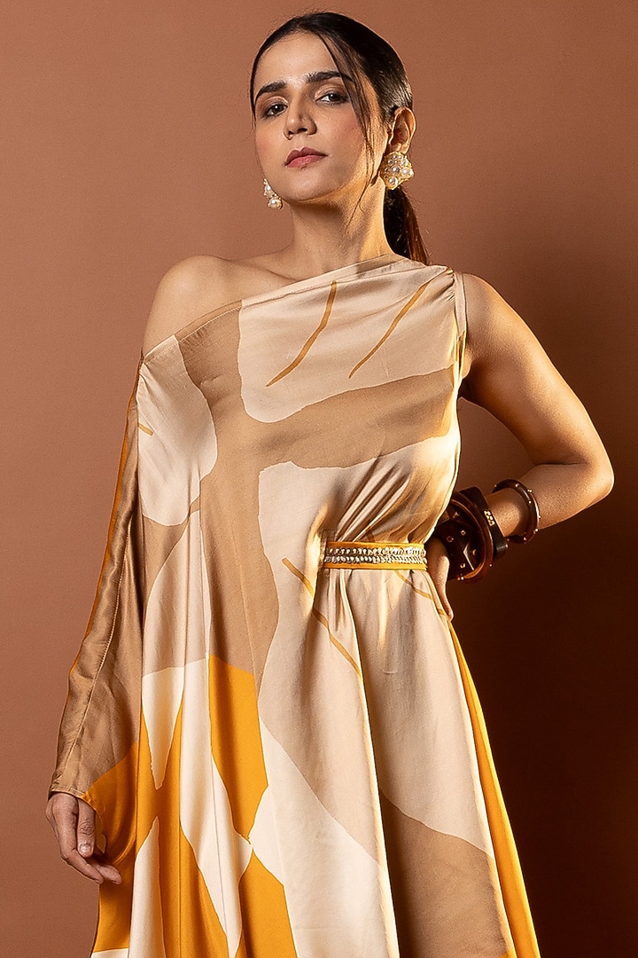 Yellow Satin Geometric Printed Drape Vacation Dress by Vedika M at Pernia's Pop Up Shop