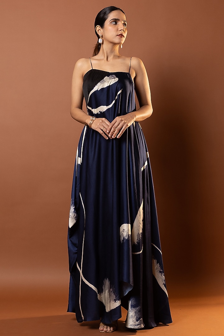 Blue Satin Drape Vacation Dress by Vedika M at Pernia's Pop Up Shop