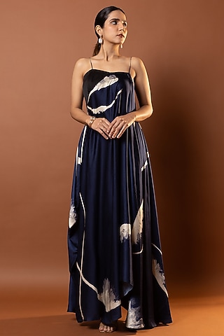 Blue Satin Drape Dress by Vedika M