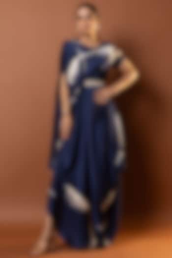 Blue Satin Abstract Printed Drape Vacation Dress by Vedika M at Pernia's Pop Up Shop