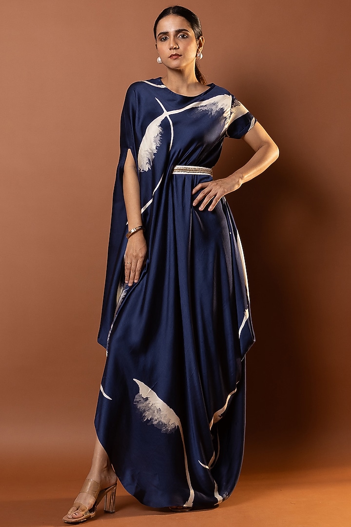 Blue Satin Abstract Printed Drape Vacation Dress by Vedika M at Pernia's Pop Up Shop