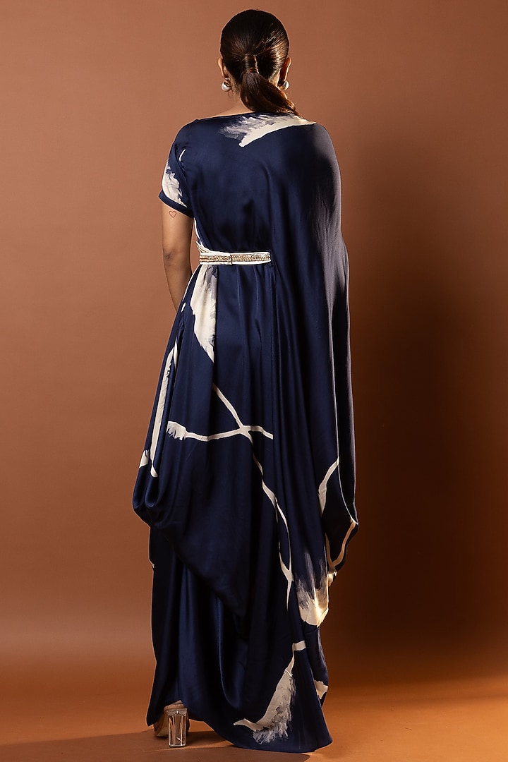 Blue Satin Abstract Printed Drape Vacation Dress by Vedika M at Pernia's Pop Up Shop