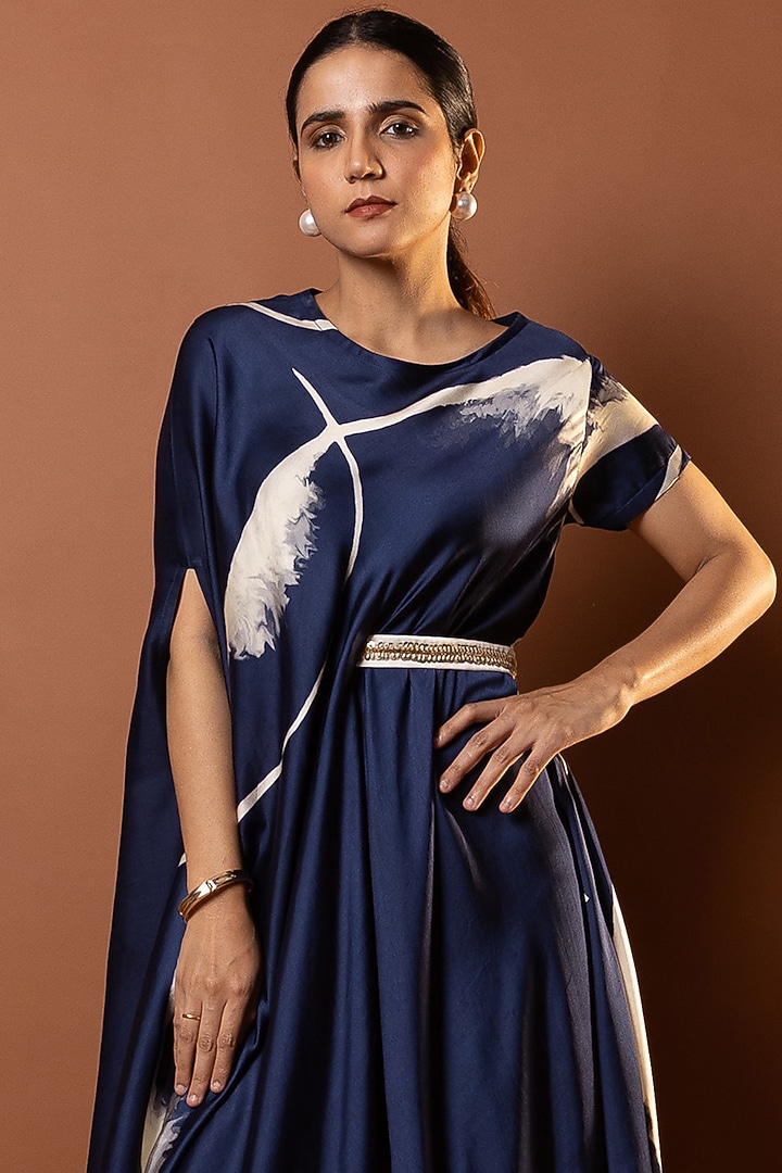 Blue Satin Abstract Printed Drape Vacation Dress by Vedika M at Pernia's Pop Up Shop