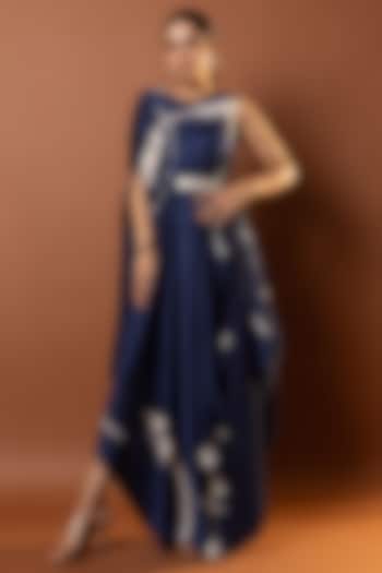 Blue Satin Abstract Printed Drape Vacation Dress by Vedika M at Pernia's Pop Up Shop