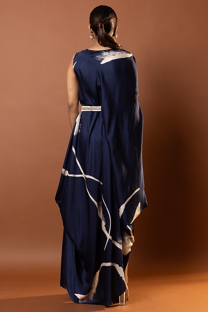 Blue Satin Abstract Printed Drape Vacation Dress by Vedika M at Pernia's Pop Up Shop