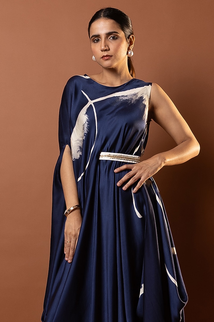 Blue Satin Abstract Printed Drape Vacation Dress by Vedika M at Pernia's Pop Up Shop