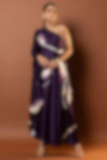Violet Satin Abstract Printed One Shoulder Drape Summer Dress by Vedika M at Pernia's Pop Up Shop